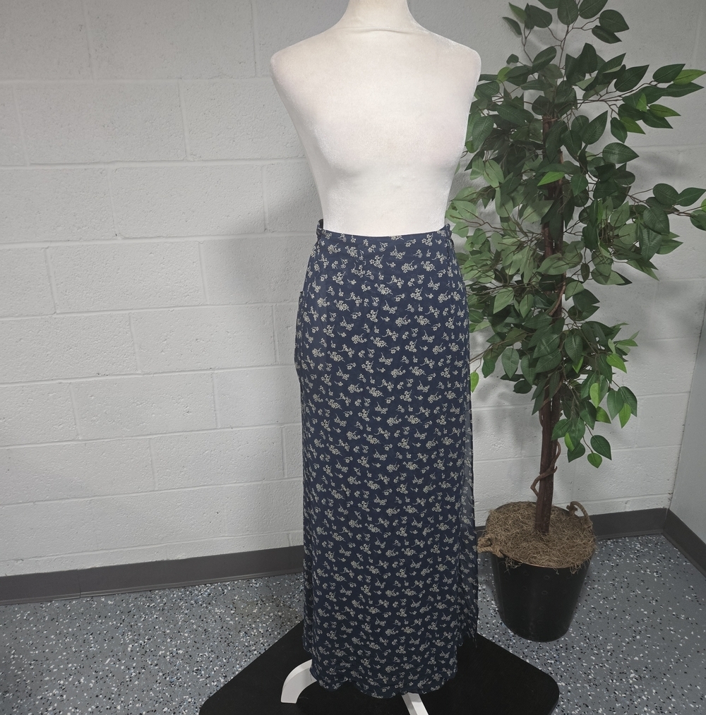 VTG 90s Ralph Lauren Floral Pockets Sheer Maxi Wrap Skirt Blue Boho Small Indie